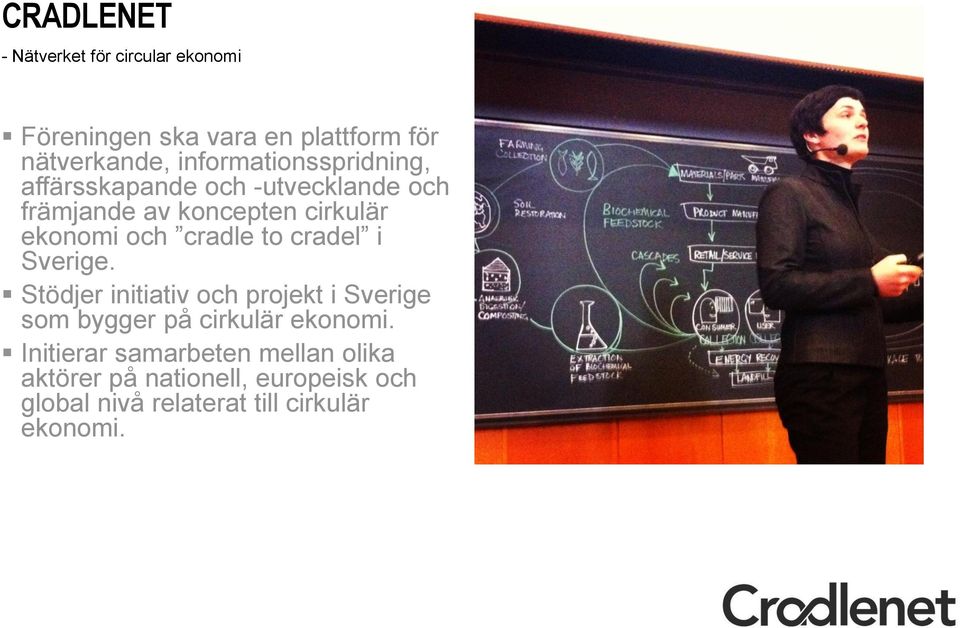 cradle to cradel i Sverige. Stödjer initiativ och projekt i Sverige som bygger på cirkulär ekonomi.
