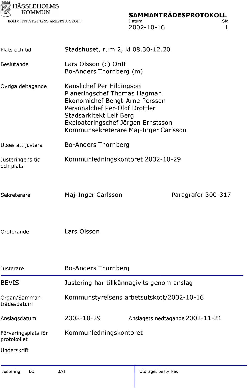 Per-Olof Drottler Stadsarkitekt Leif Berg Exploateringschef Jörgen Ernstsson Kommunsekreterare Maj-Inger Carlsson Bo-Anders Thornberg Justeringens tid Kommunledningskontoret 2002-10-29 och plats