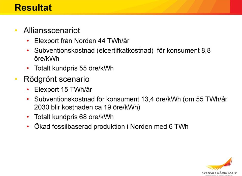 scenario Elexport 15 TWh/år Subventionskostnad för konsument 13,4 öre/kwh (om 55 TWh/år