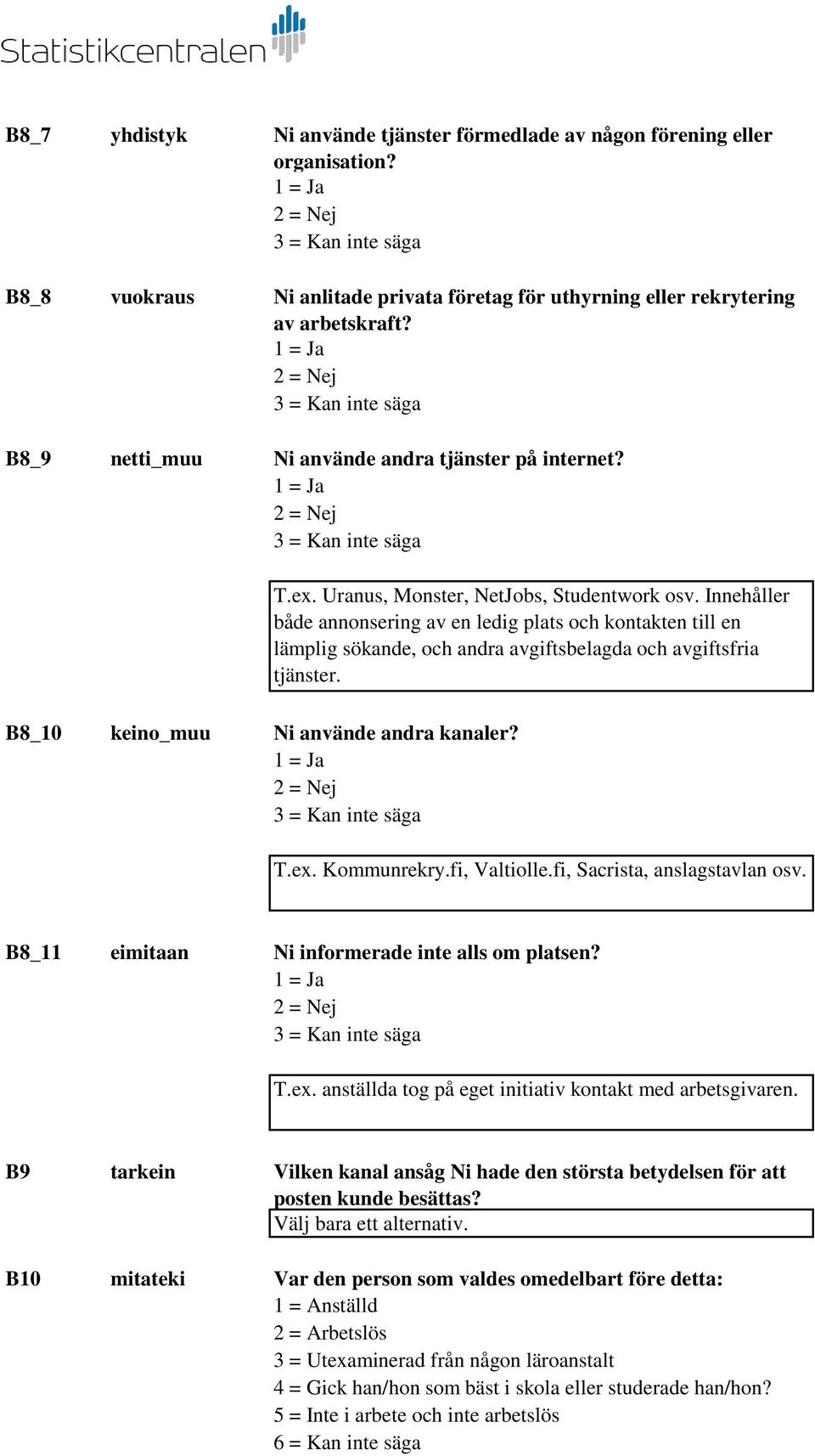 Innehåller både annonsering av en ledig plats och kontakten till en lämplig sökande, och andra avgiftsbelagda och avgiftsfria tjänster. B8_10 keino_muu Ni använde andra kanaler? T.ex. Kommunrekry.