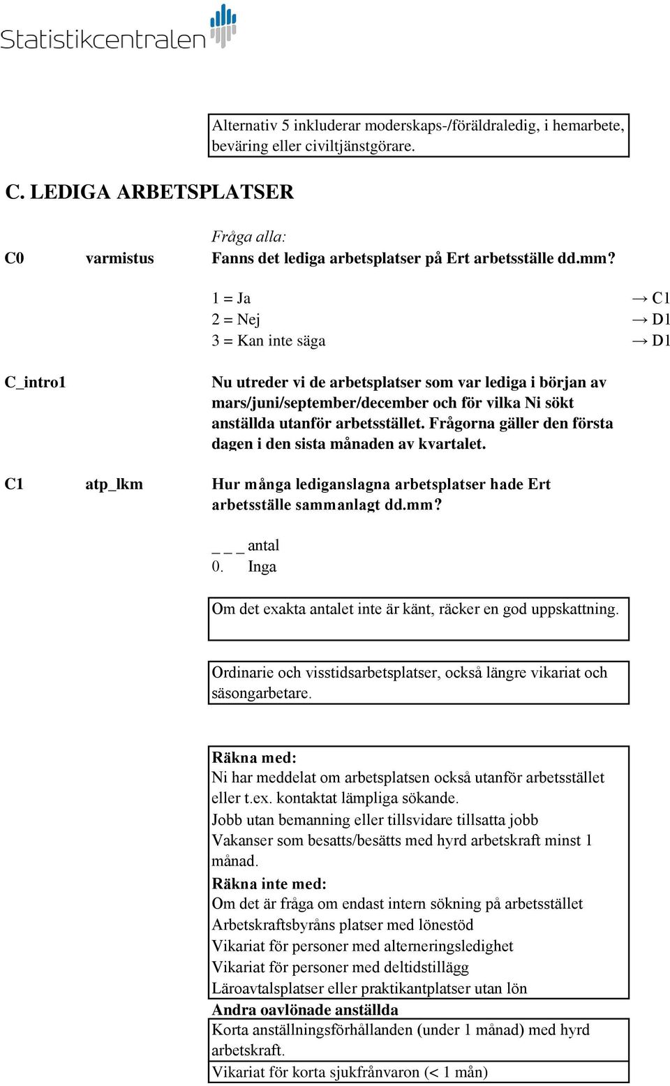 C1 D1 D1 C_intro1 Nu utreder vi de arbetsplatser som var lediga i början av mars/juni/september/december och för vilka Ni sökt anställda utanför arbetsstället.