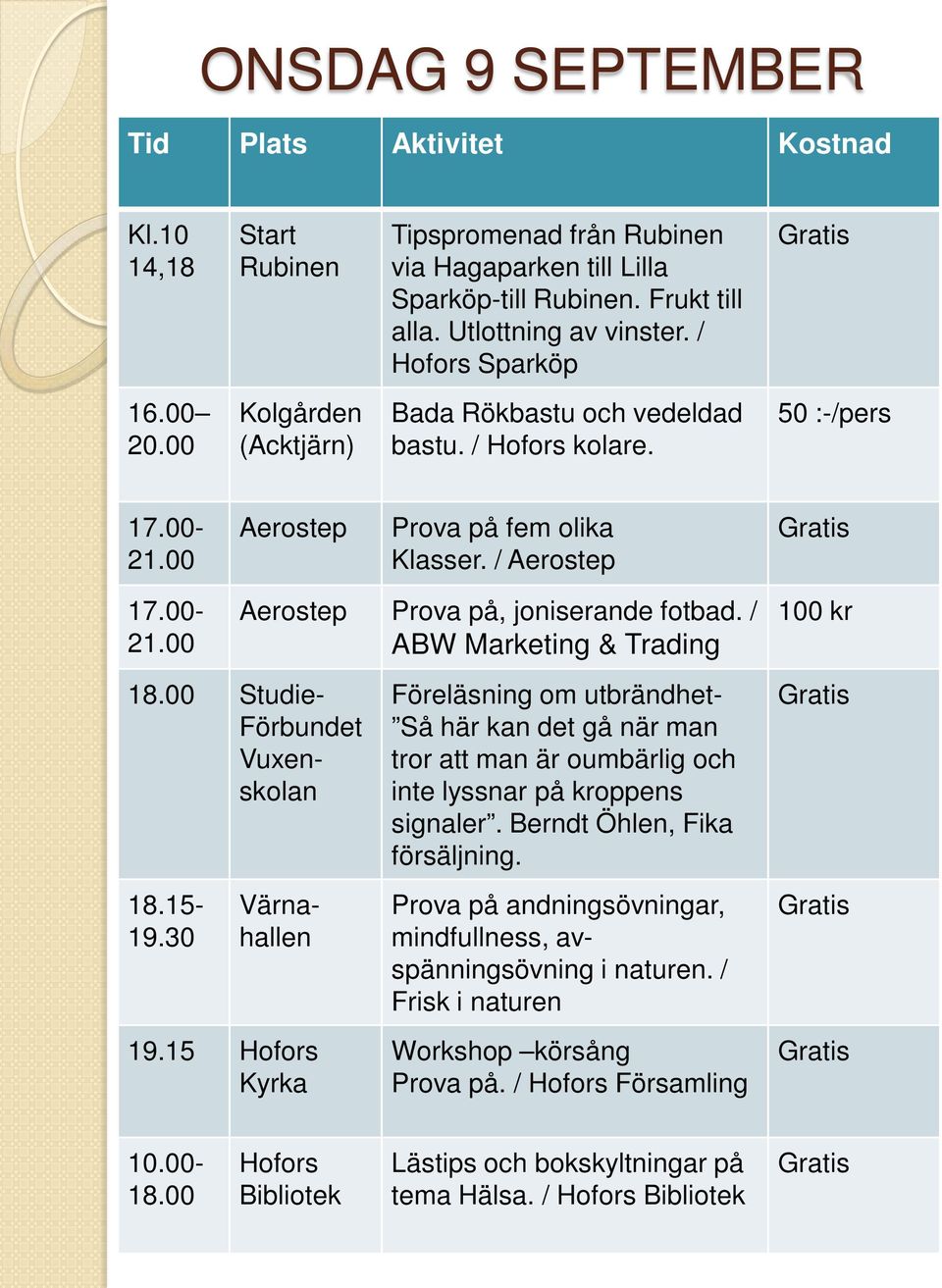 / ABW Marketing & Trading 18.00 Studie- Förbundet Vuxenskolan 18.15-19.30 Värnahallen 19.