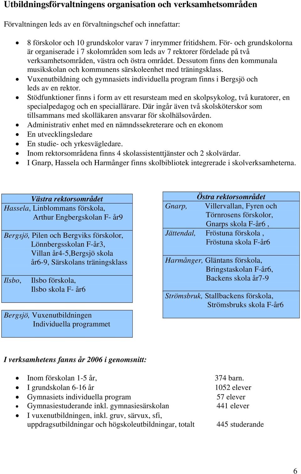 Dessutom finns den kommunala musikskolan och kommunens särskoleenhet med träningsklass. Vuxenutbildning och gymnasiets individuella program finns i Bergsjö och leds av en rektor.