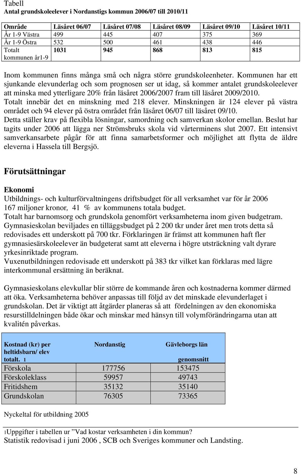 Kommunen har ett sjunkande elevunderlag och som prognosen ser ut idag, så kommer antalet grundskoleelever att minska med ytterligare 20% från läsåret 2006/2007 fram till läsåret 2009/2010.