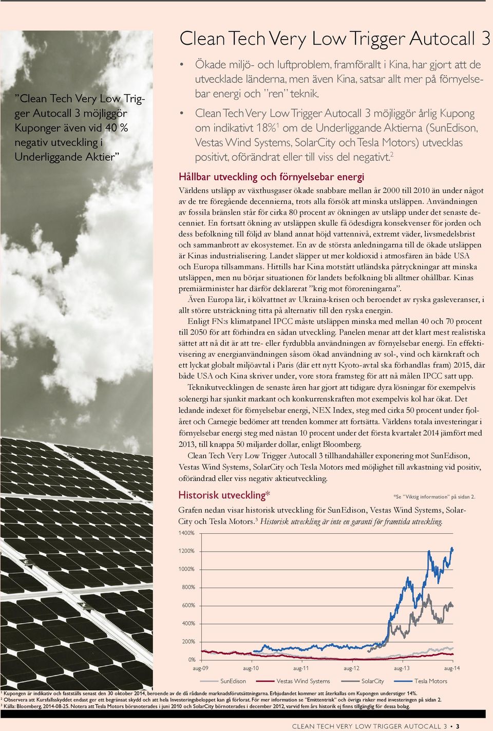 Clean Tech Very Low Trigger Autocall 3 möjliggör årlig Kupong om indikativt 18% 1 om de Underliggande Aktierna (SunEdison, Vestas Wind Systems, SolarCity och Tesla Motors) utvecklas positivt,