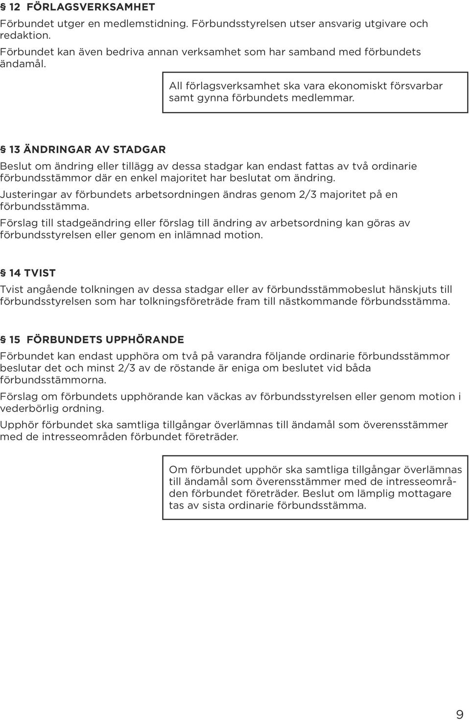 13 Ändringar av stadgar Beslut om ändring eller tillägg av dessa stadgar kan endast fattas av två ordinarie förbundsstämmor där en enkel majoritet har beslutat om ändring.