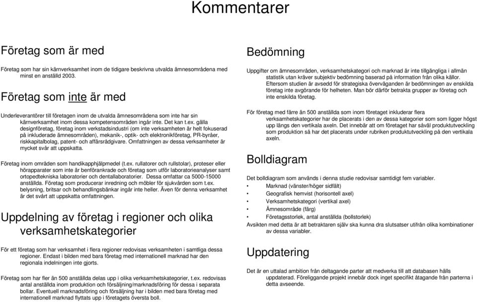 gälla designföretag, företag inom verkstadsindustri (om inte verksamheten är helt fokuserad på inkluderade ämnesområden), mekanik-, optik- och elektronikföretag, PR-byråer, riskkapitalbolag, patent-