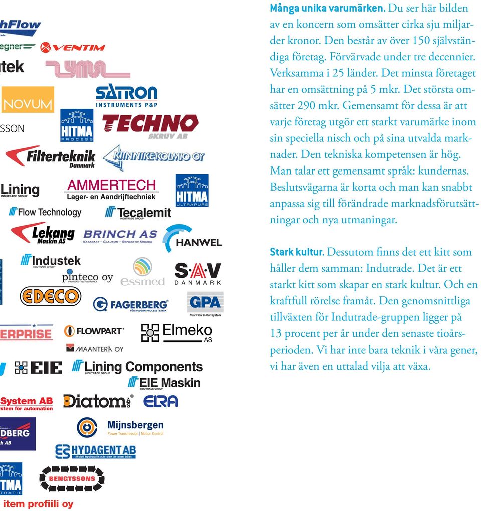 Gemensamt för dessa är att varje företag utgör ett starkt varumärke inom sin speciella nisch och på sina utvalda marknader. Den tekniska kompetensen är hög. Man talar ett gemensamt språk: kundernas.