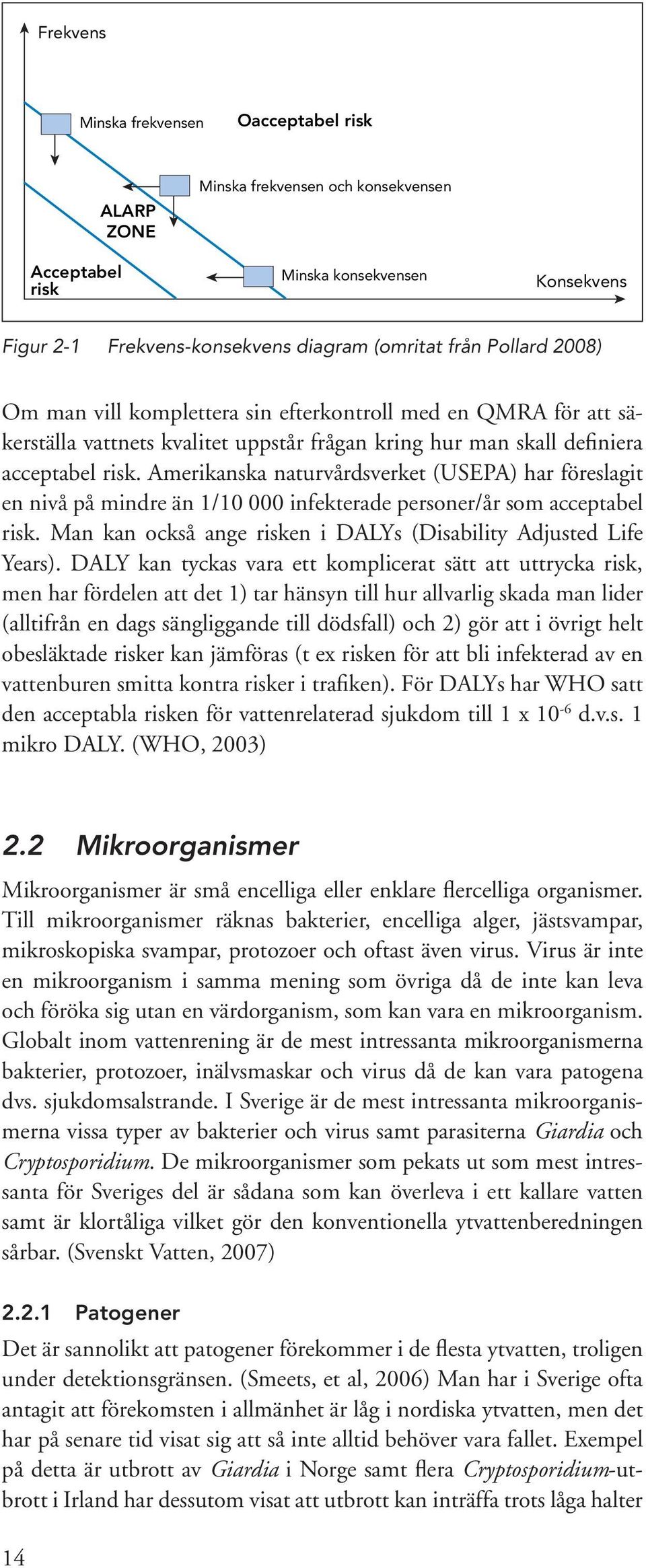 Amerikanska naturvårdsverket (USEPA) har föreslagit en nivå på mindre än 1/10 000 infekterade personer/år som acceptabel risk. Man kan också ange risken i DALYs (Disability Adjusted Life Years).