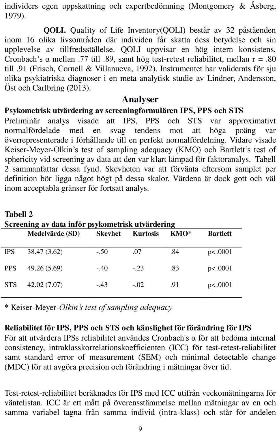 QOLI uppvisar en hög intern konsistens, Cronbach s α mellan.77 till.89, samt hög test-retest reliabilitet, mellan r =.80 till.91 (Frisch, Cornell & Villanueva, 1992).