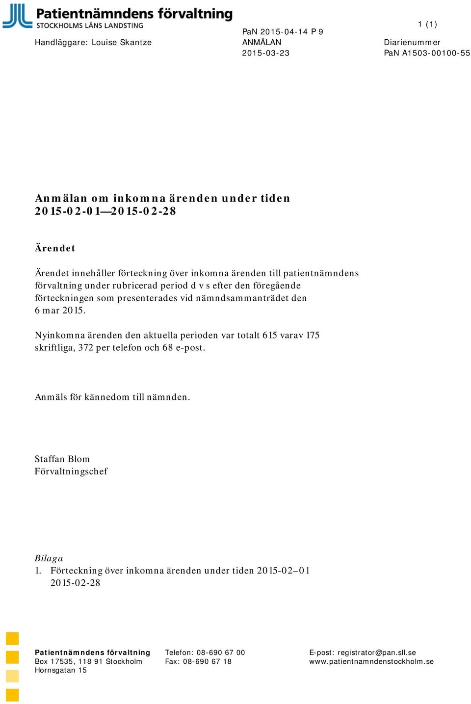 Nyinkomna ärenden den aktuella perioden var totalt 615 varav 175 skriftliga, 372 per telefon och 68 e-post. Anmäls för kännedom till nämnden. Staffan Blom Förvaltningschef Bilaga 1.