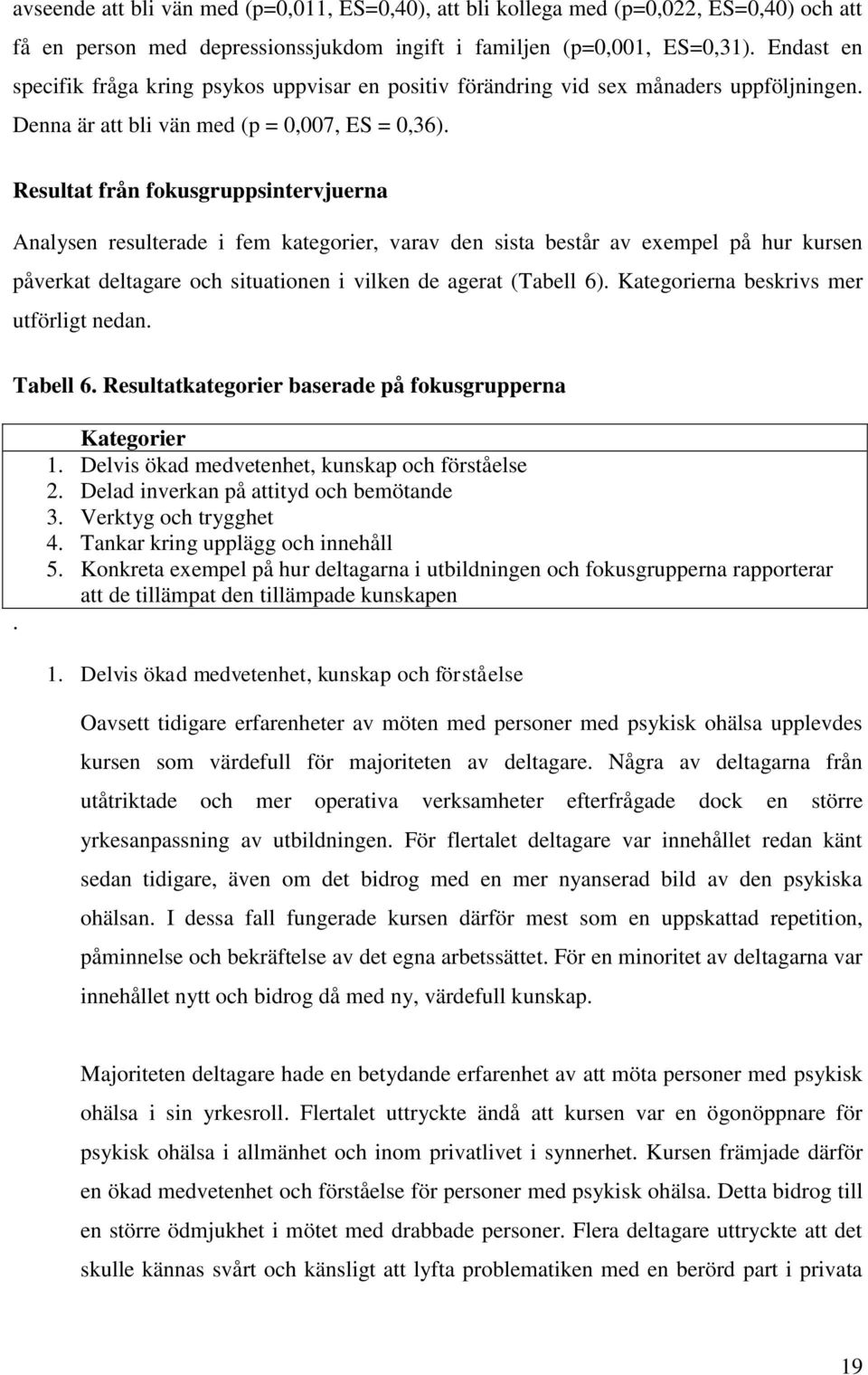 Resultat från fokusgruppsintervjuerna Analysen resulterade i fem kategorier, varav den sista består av exempel på hur kursen påverkat deltagare och situationen i vilken de agerat (Tabell 6).