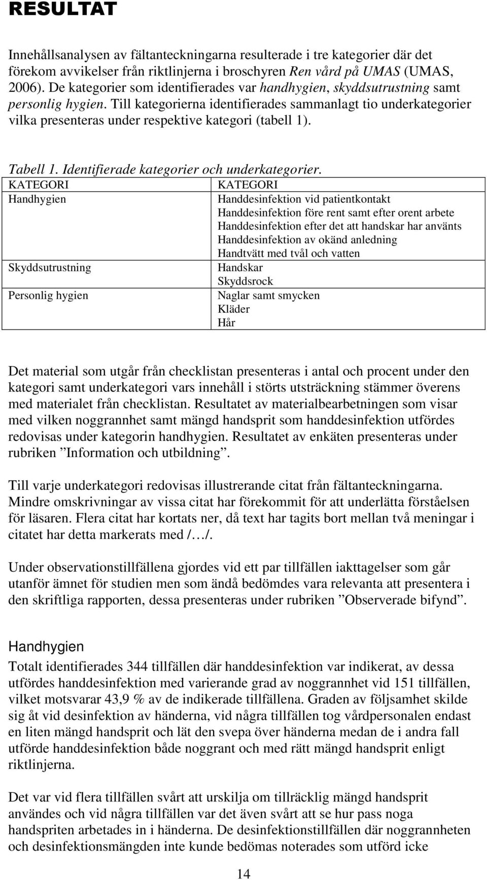 Till kategorierna identifierades sammanlagt tio underkategorier vilka presenteras under respektive kategori (tabell 1). Tabell 1. Identifierade kategorier och underkategorier.