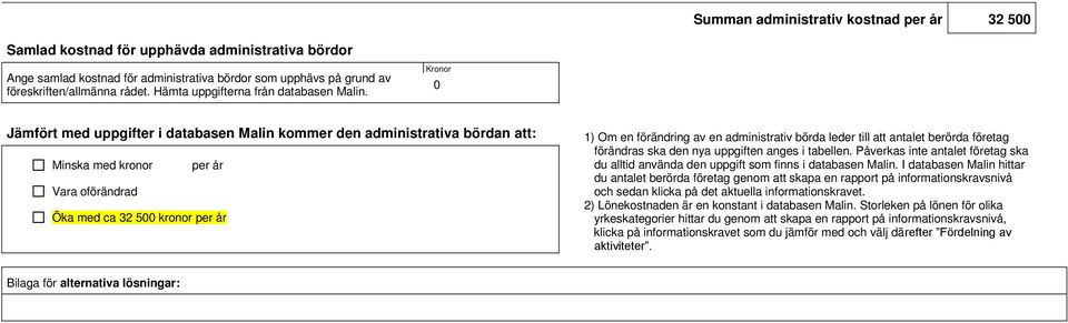 Kronor 0 Jämfört med uppgifter i databasen Malin kommer den bördan att: Minska med kronor per år Vara oförändrad Öka med ca 32 50onor per år 1) Om en förändring av en administrativ börda leder till