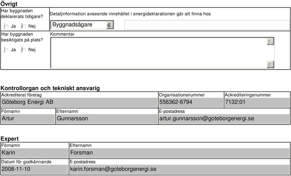 tekniskt ansvarig Ackrediterat företag Energi AB Förnamn Artur Efternamn Gunnarsson Organisationsnummer 5532-794