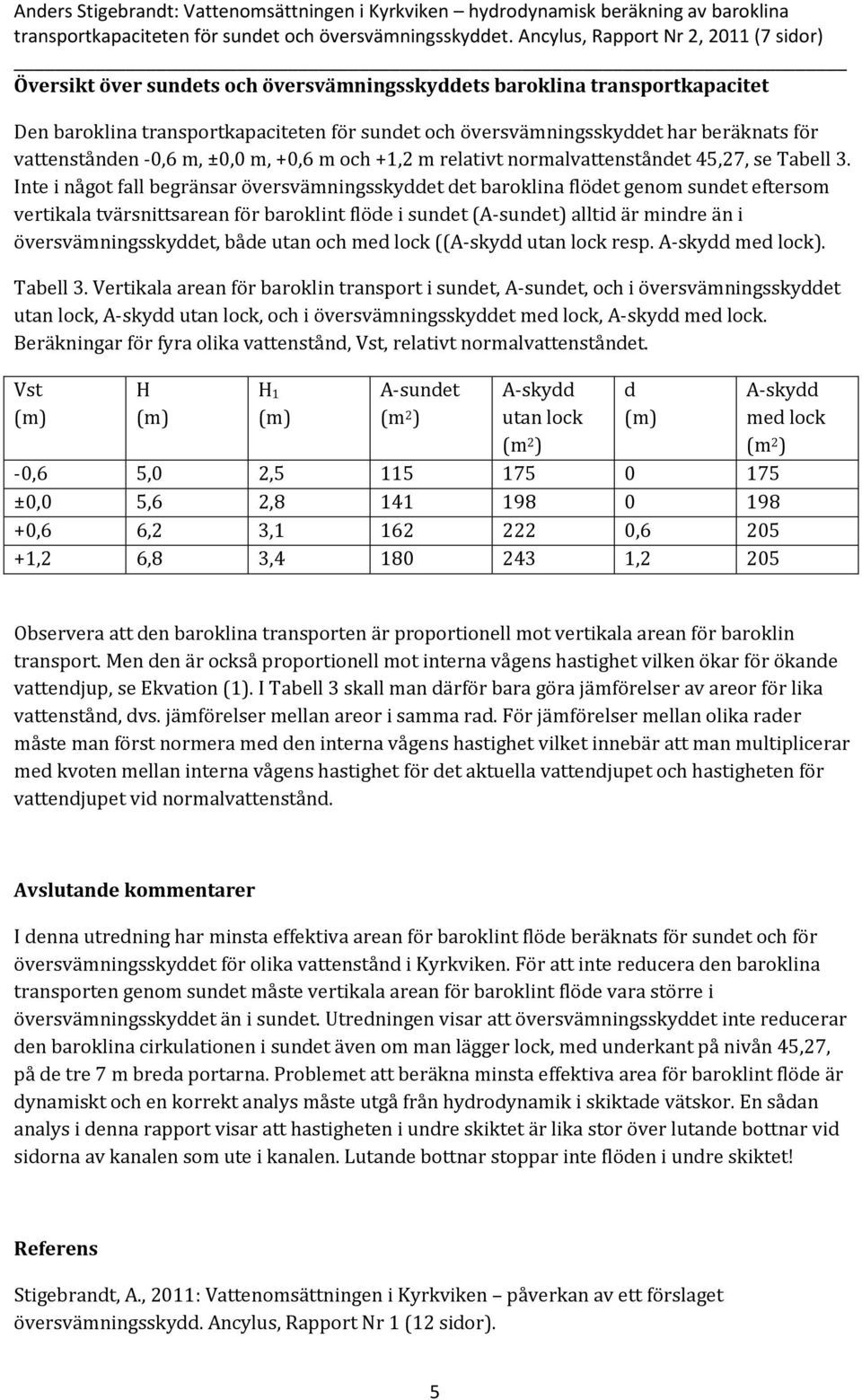 för vattenstånden -0,6 m, ±0,0 m, +0,6 m och +1,2 m relativt normalvattenståndet 45,27, se Tabell 3.