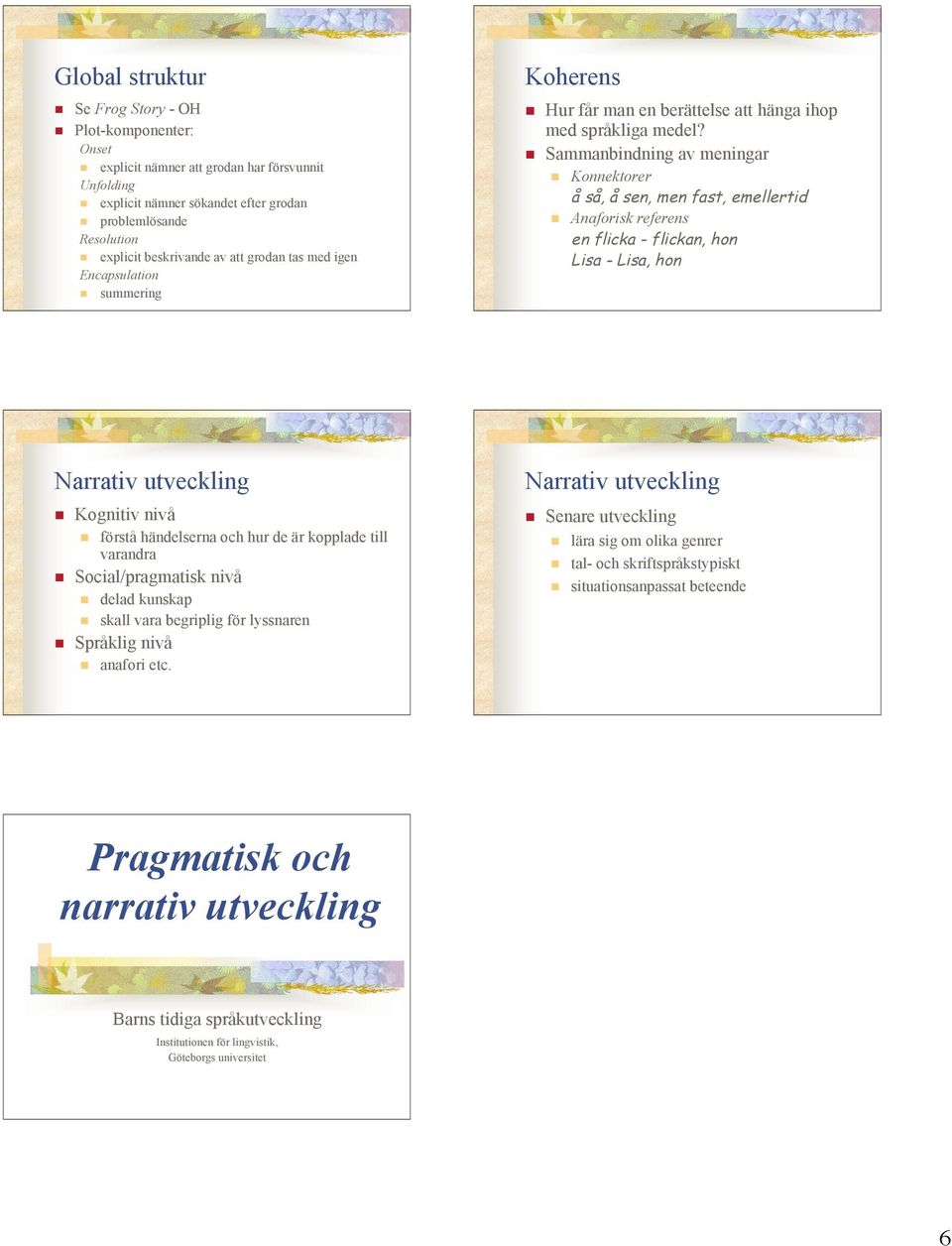 Konnektorer å så, å sen, men fast, emellertid! Anaforisk referens en flicka - flickan, hon Lisa - Lisa, hon Narrativ utveckling! Kognitiv nivå! förstå händelserna och hur de är kopplade till varandra!