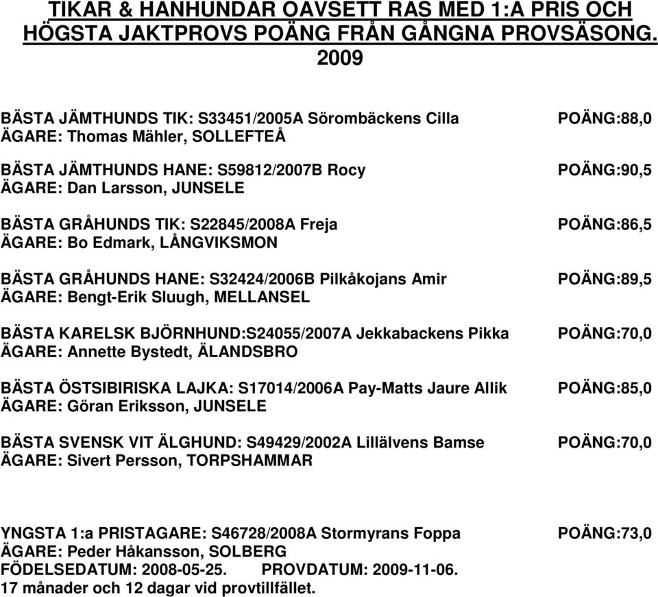 ÄGARE: Bo Edmark, LÅNGVIKSMON BÄSTA GRÅHUNDS HANE: S32424/2006B Pilkåkojans Amir ÄGARE: Bengt-Erik Sluugh, MELLANSEL BÄSTA KARELSK BJÖRNHUND:S24055/2007A Jekkabackens Pikka ÄGARE: Annette Bystedt,