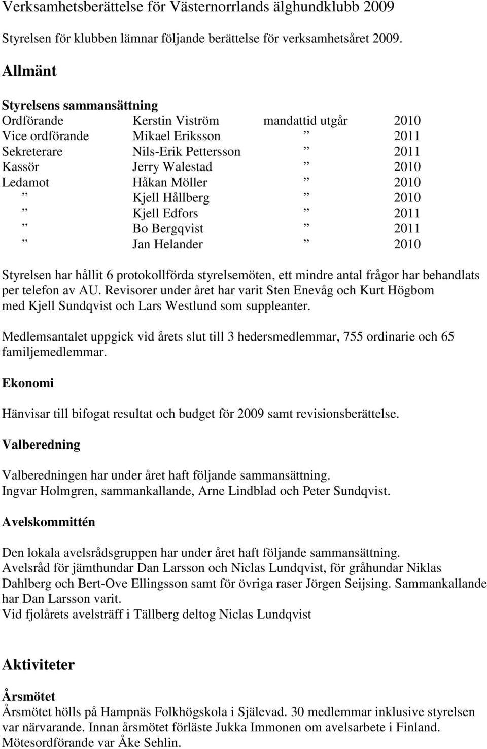 Möller 2010 Kjell Hållberg 2010 Kjell Edfors 2011 Bo Bergqvist 2011 Jan Helander 2010 Styrelsen har hållit 6 protokollförda styrelsemöten, ett mindre antal frågor har behandlats per telefon av AU.