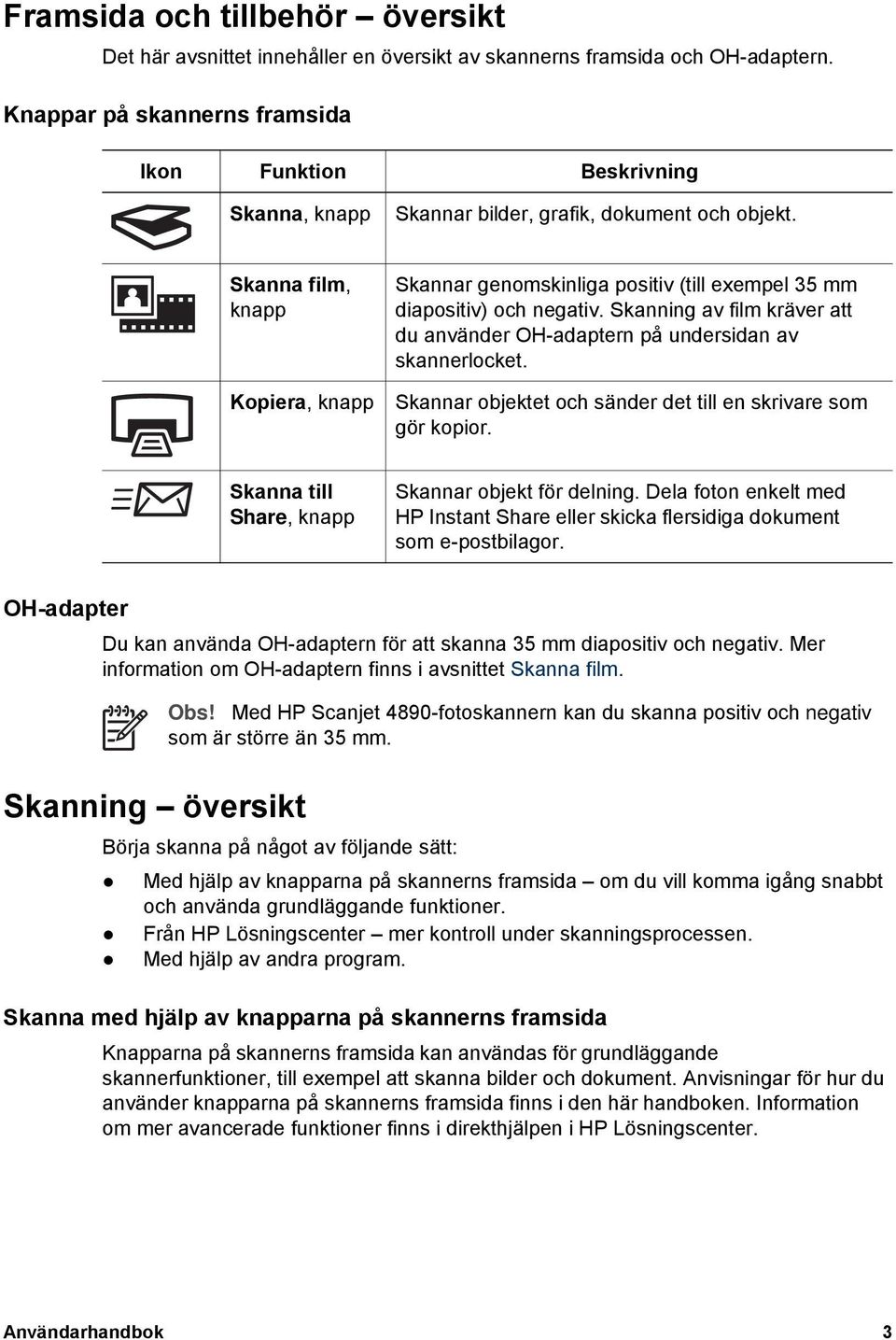 Skanna film, knapp Kopiera, knapp Skannar genomskinliga positiv (till exempel 35 mm diapositiv) och negativ. Skanning av film kräver att du använder OH-adaptern på undersidan av skannerlocket.