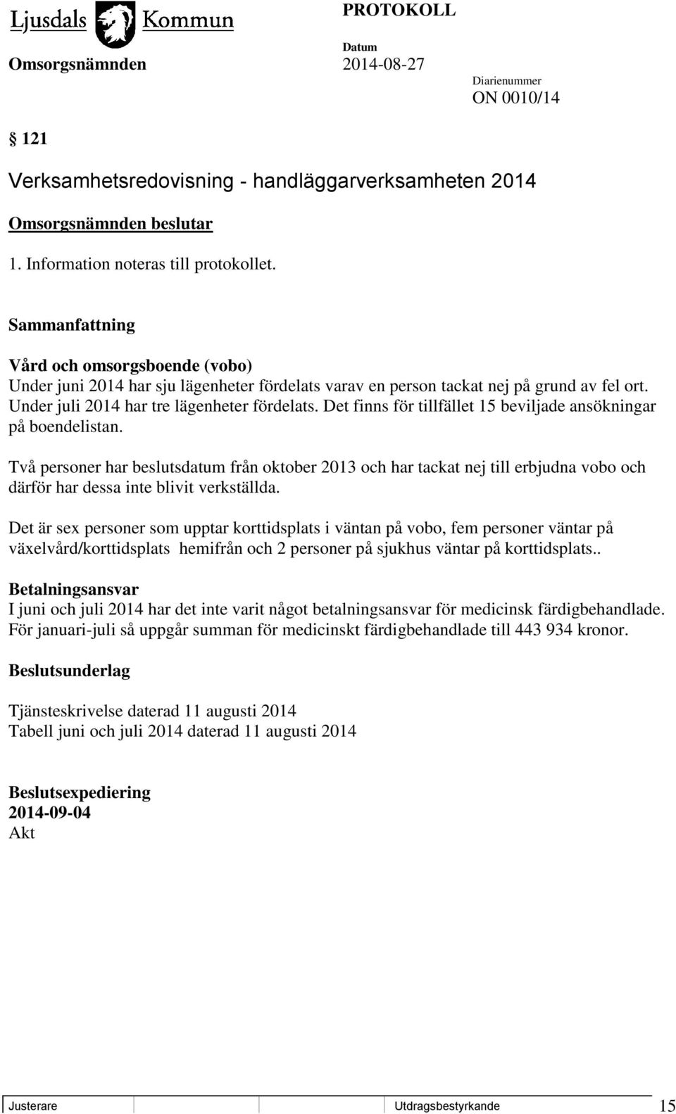 Det finns för tillfället 15 beviljade ansökningar på boendelistan. Två personer har beslutsdatum från oktober 2013 och har tackat nej till erbjudna vobo och därför har dessa inte blivit verkställda.