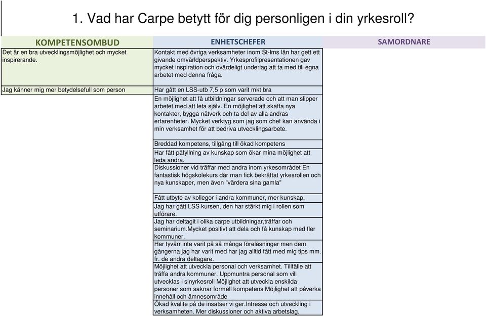 Jag känner mig mer betydelsefull som person Har gått en LSS-utb 7,5 p som varit mkt bra En möjlighet att få utbildningar serverade och att man slipper arbetet med att leta själv.