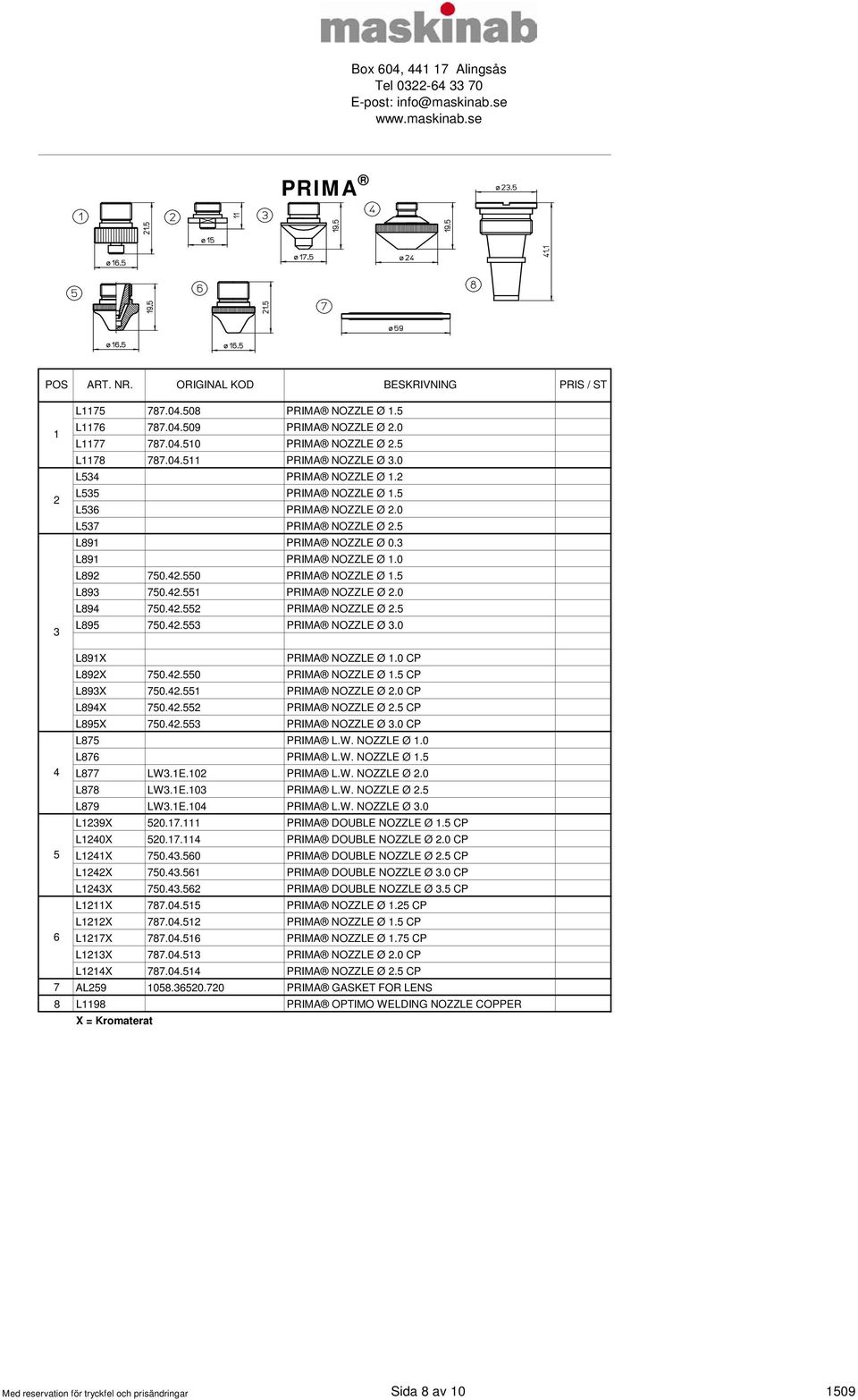 4.553 PRIMA NOZZLE Ø 3.0 4 5 6 L89X PRIMA NOZZLE Ø.0 CP L89X 750.4.550 PRIMA NOZZLE Ø.5 CP L893X 750.4.55 PRIMA NOZZLE Ø.0 CP L894X 750.4.55 PRIMA NOZZLE Ø.5 CP L895X 750.4.553 PRIMA NOZZLE Ø 3.0 CP L875 PRIMA L.