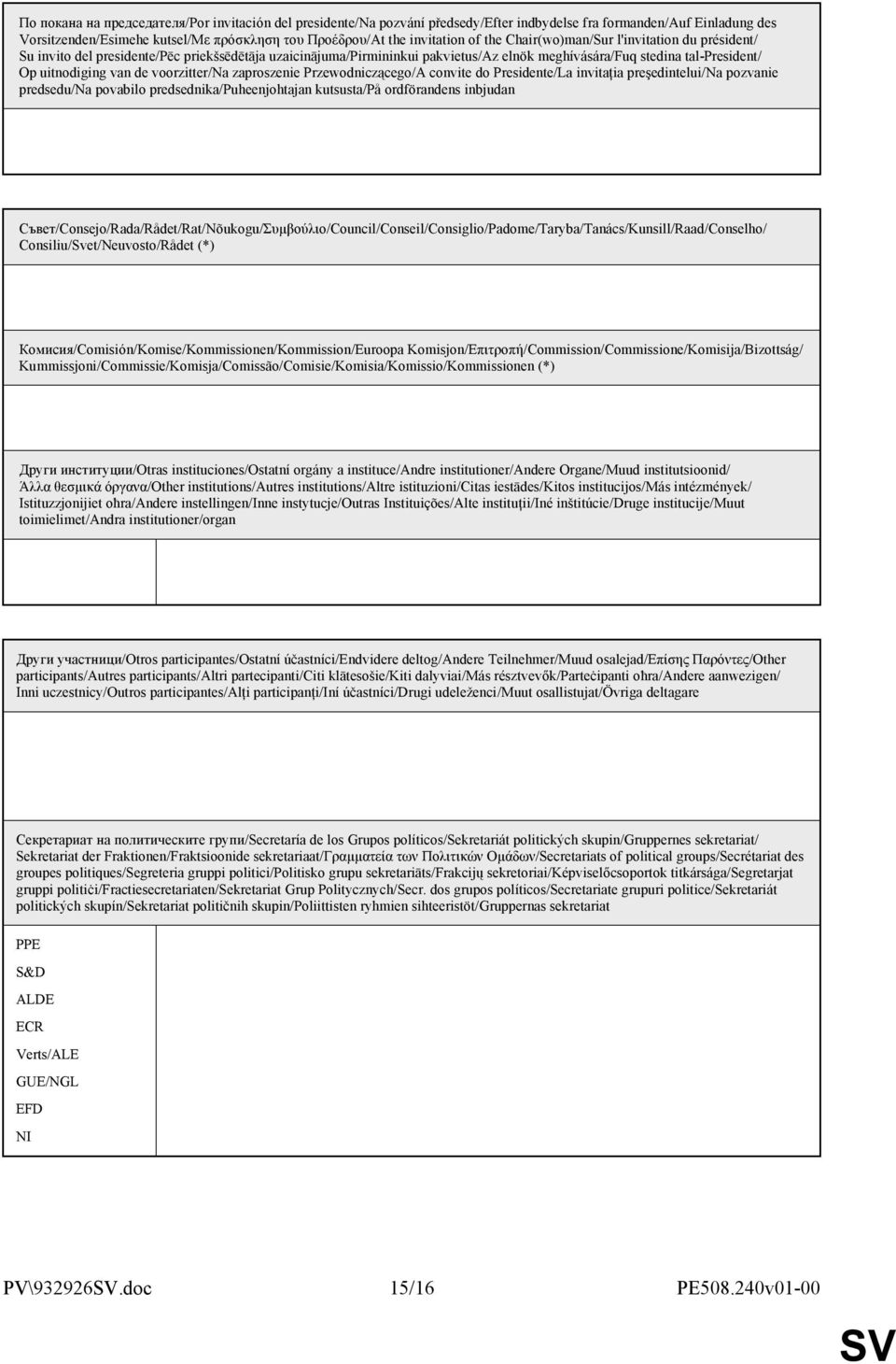 voorzitter/na zaproszenie Przewodniczącego/A convite do Presidente/La invitaţia preşedintelui/na pozvanie predsedu/na povabilo predsednika/puheenjohtajan kutsusta/på ordförandens inbjudan