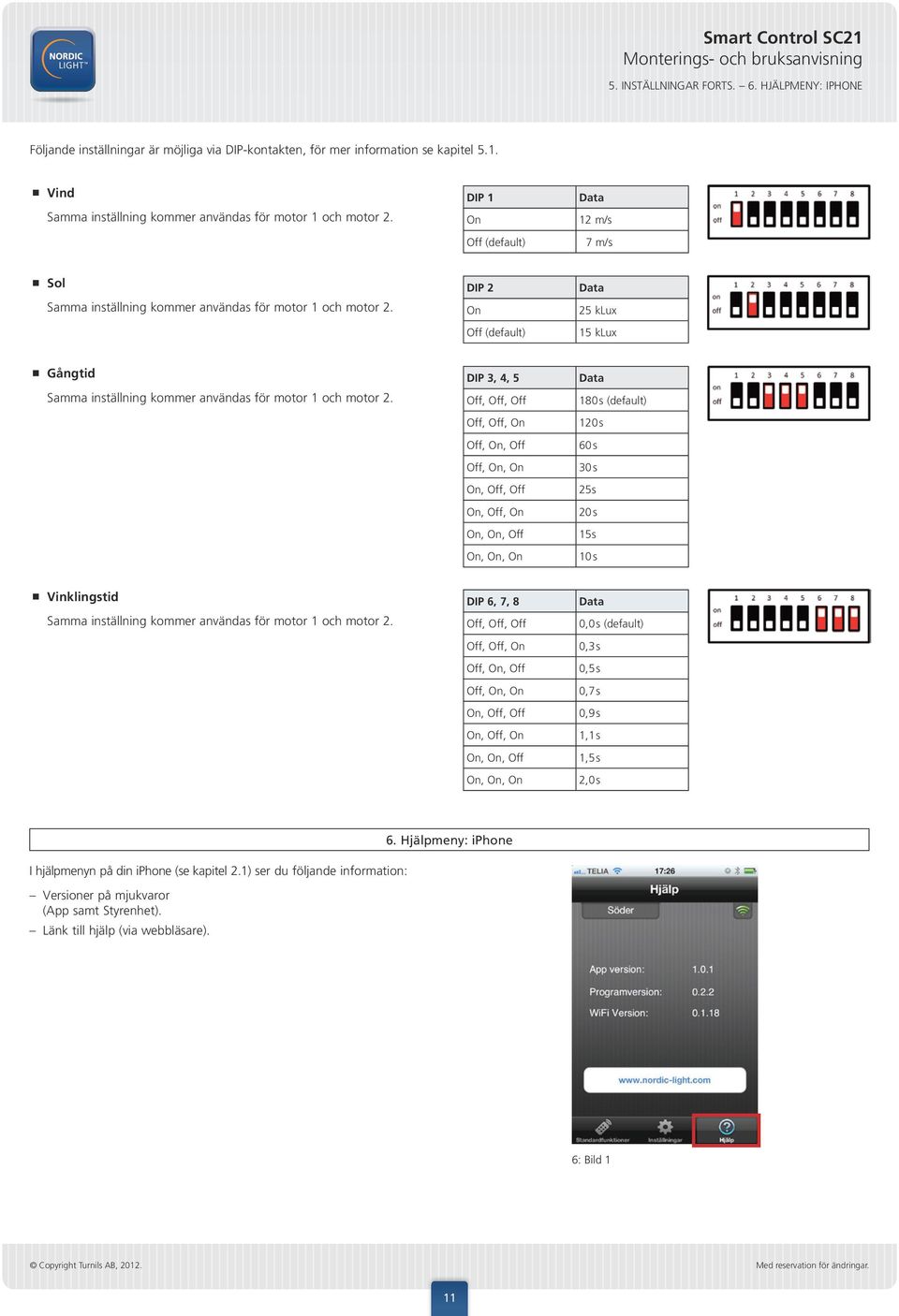 DIP 2 On Off (default) Data 25 klux 15 klux Gångtid Samma inställning kommer användas för motor 1 och motor 2.