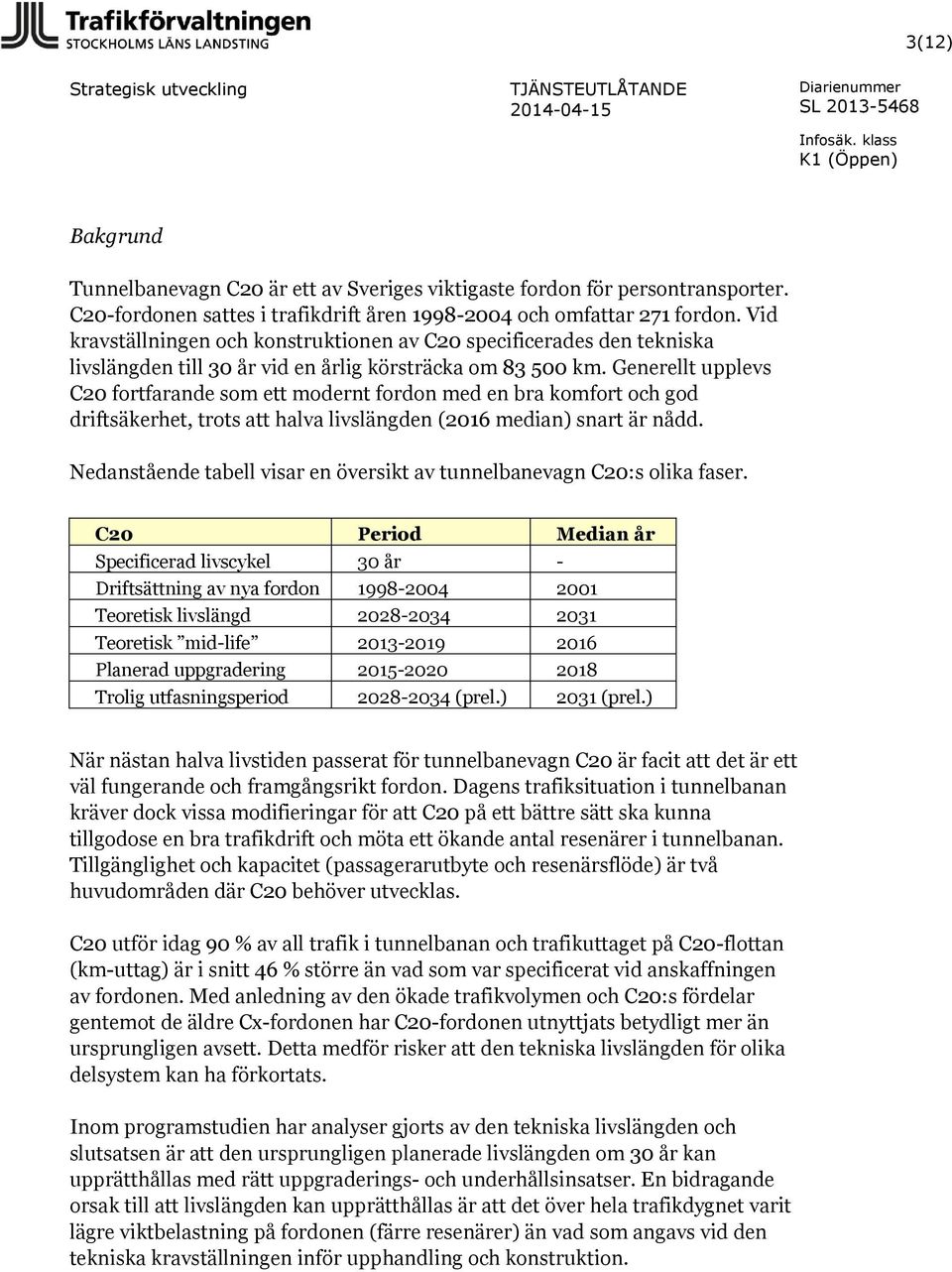 Vid kravställningen och konstruktionen av C20 specificerades den tekniska livslängden till 30 år vid en årlig körsträcka om 83 500 km.