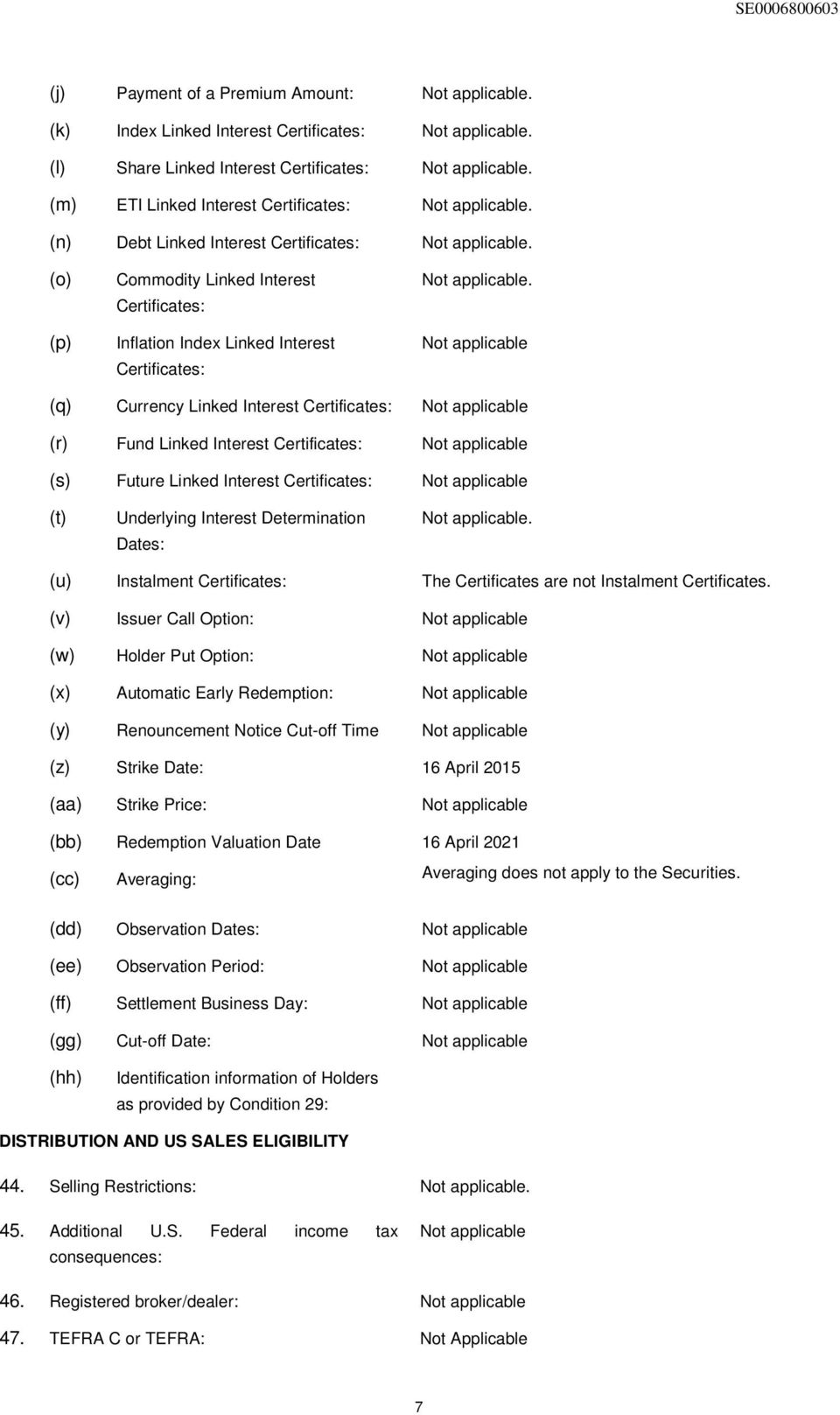 (o) (p) Commodity Linked Interest Certificates: Inflation Index Linked Interest Certificates: Not applicable.