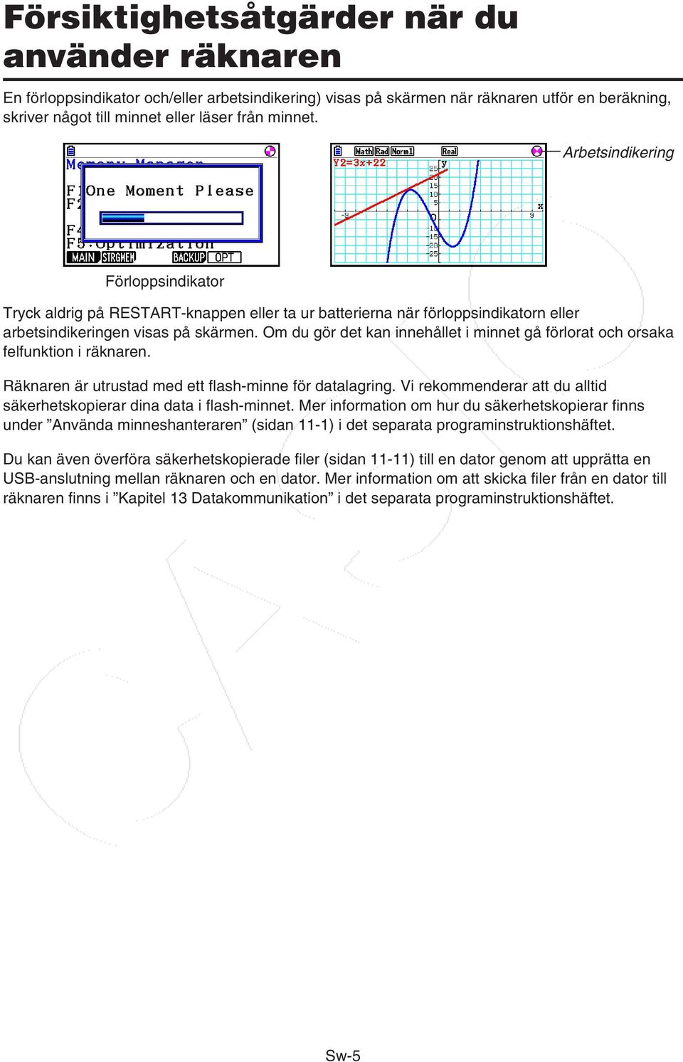 Om du gör det kan innehållet i minnet gå förlorat och orsaka felfunktion i räknaren. Räknaren är utrustad med ett flash-minne för datalagring.