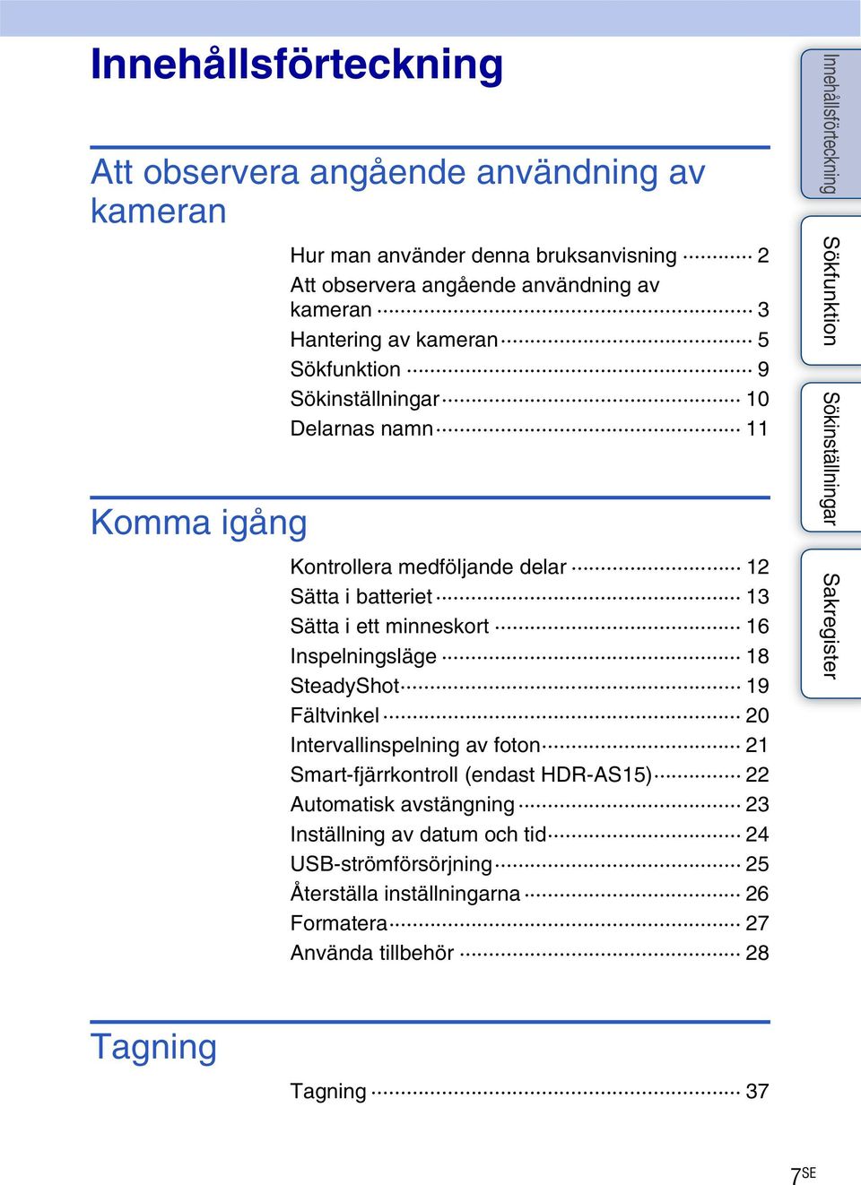 ett minneskort 16 Inspelningsläge 18 SteadyShot 19 Fältvinkel 20 Intervallinspelning av foton 21 Smart-fjärrkontroll (endast HDR-AS15) 22 Automatisk