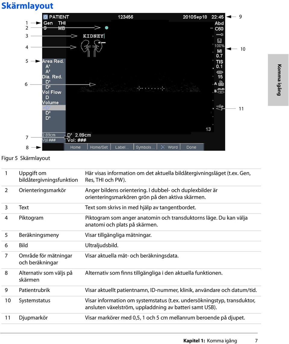 4 Piktogram Piktogram som anger anatomin och transduktorns läge. Du kan välja anatomi och plats på skärmen. 5 Beräkningsmeny Visar tillgängliga mätningar. 6 Bild Ultraljudsbild.