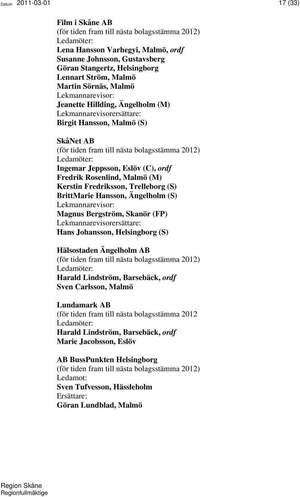 Jeppsson, Eslöv (C), ordf Fredrik Rosenlind, Malmö (M) Kerstin Fredriksson, Trelleborg (S) BrittMarie Hansson, Ängelholm (S) Magnus Bergström, Skanör (FP) Lekmannarevisorersättare: Hans Johansson,