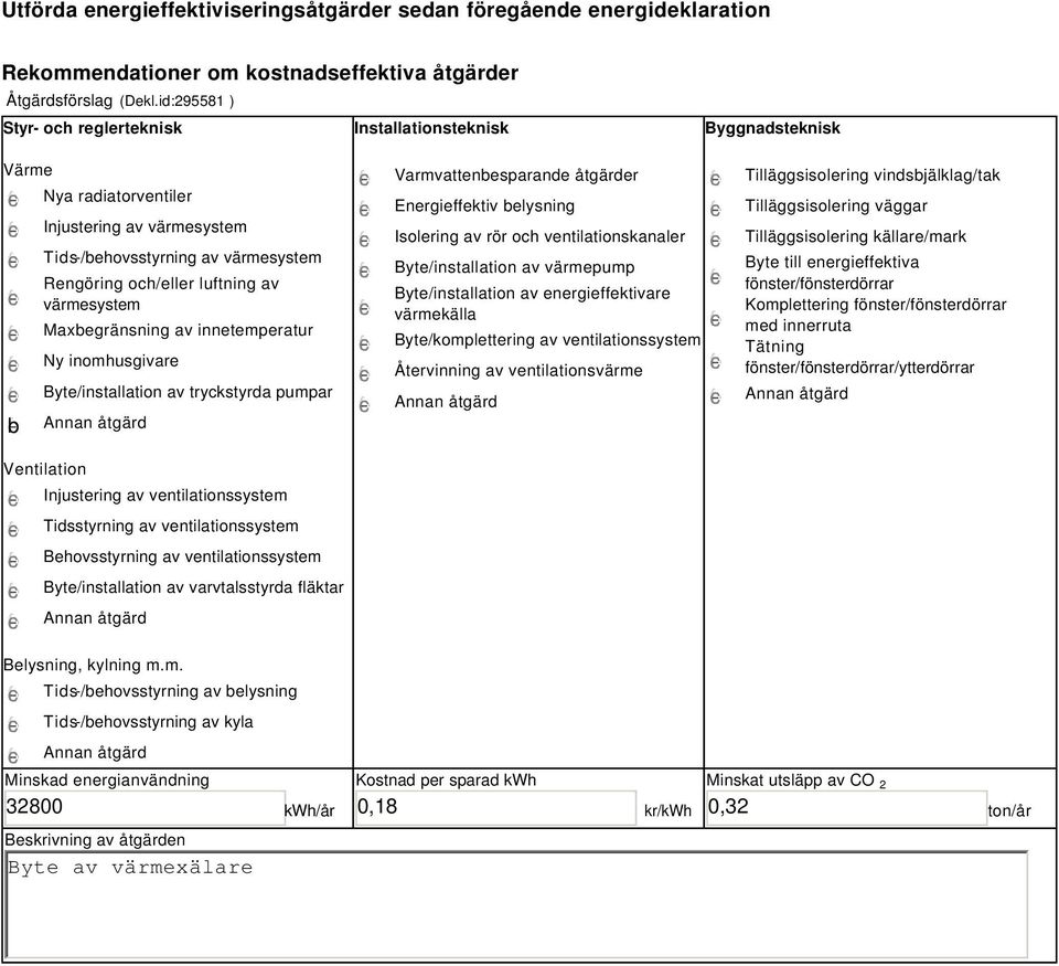 värmesystem Maxbegränsning av innetemperatur Ny inomhusgivare Byte/installation av tryckstyrda pumpar Varmvattenbesparande åtgärder Energieffektiv belysning Isolering av rör och ventilationskanaler