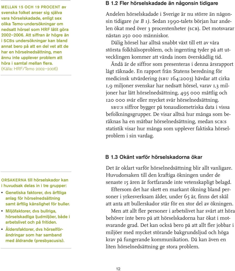 (Källa: HRF/Temo 2002 2006) B 1.2 Fler hörselskadade än någonsin tidigare Andelen hörselskadade i Sverige är nu större än någonsin tidigare (se B 1).