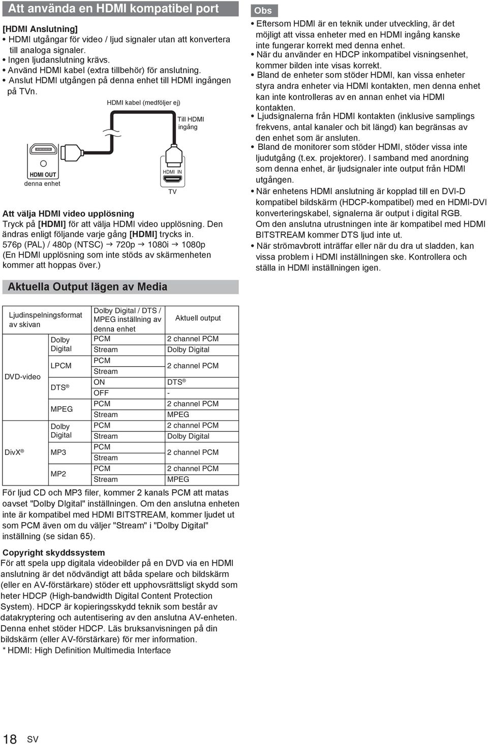 denna enhet HDMI kabel (medföljer ej) HDMI IN TV Till HDMI ingång Att välja HDMI video upplösning Tryck på [HDMI] för att välja HDMI video upplösning.