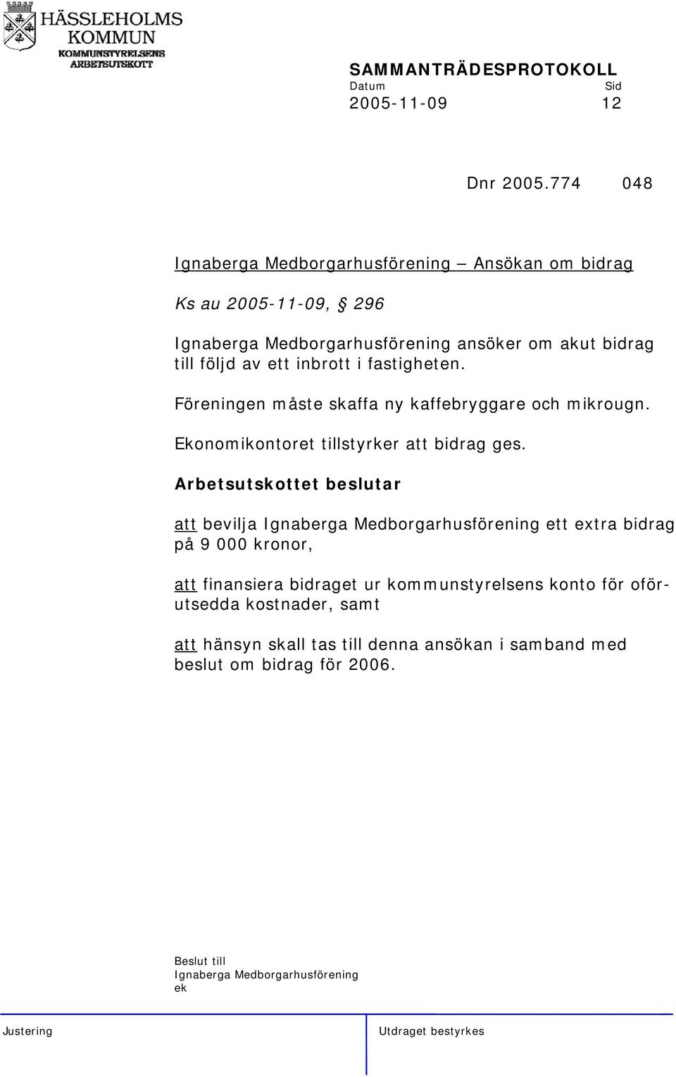 följd av ett inbrott i fastigheten. Föreningen måste skaffa ny kaffebryggare och mikrougn. Ekonomikontoret tillstyrker att bidrag ges.