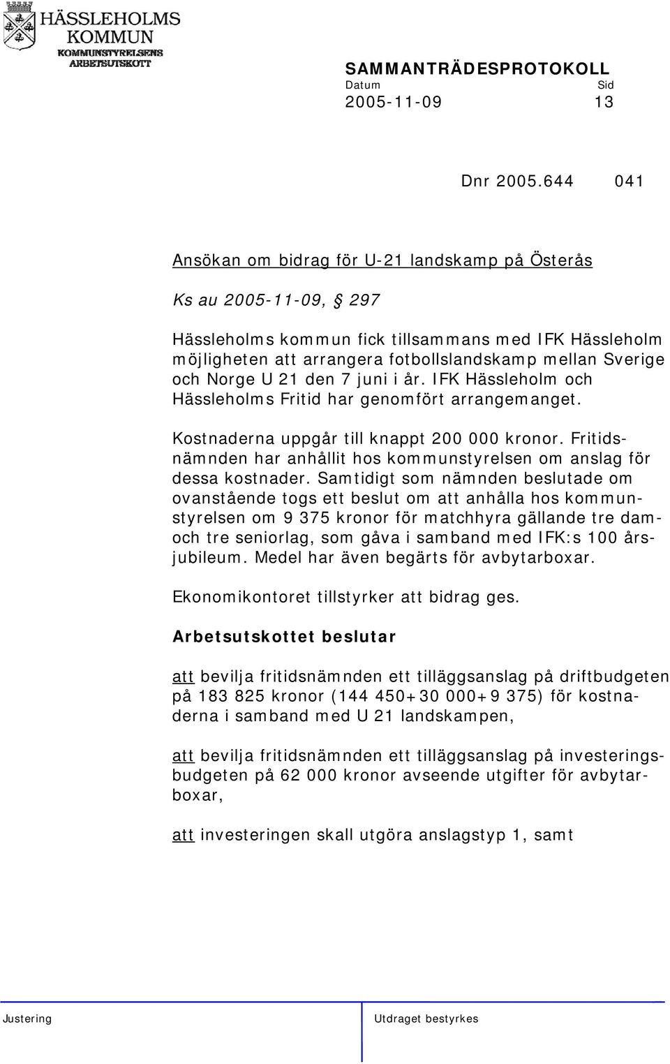 Norge U 21 den 7 juni i år. IFK Hässleholm och Hässleholms Fritid har genomfört arrangemanget. Kostnaderna uppgår till knappt 200 000 kronor.