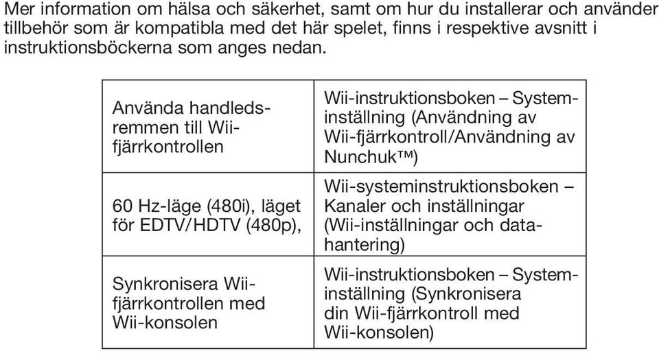 Använda handledsremmen till Wiifjärrkontrollen 60 Hz-läge (480i), läget för EDTV/HDTV (480p), Synkronisera Wiifjärrkontrollen med Wii-konsolen