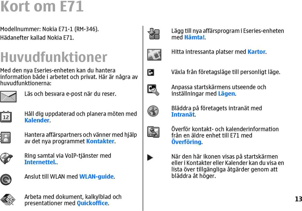 Ring samtal via VoIP-tjänster med Internettel.. Anslut till WLAN med WLAN-guide. Lägg till nya affärsprogram i Eseries-enheten med Hämta!. Hitta intressanta platser med Kartor.