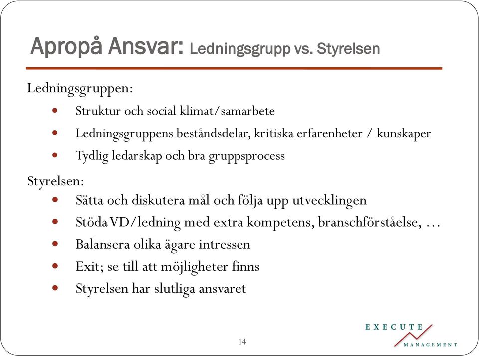 erfarenheter / kunskaper Tydlig ledarskap och bra gruppsprocess Styrelsen: Sätta och diskutera mål och