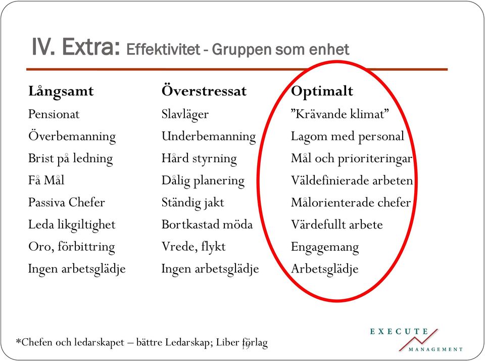 jakt Bortkastad möda Vrede, flykt Ingen arbetsglädje Optimalt Krävande klimat Lagom med personal Mål och prioriteringar