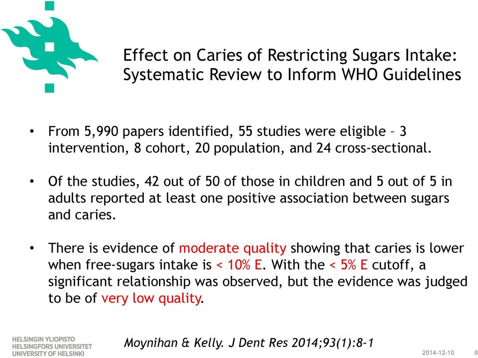 Of the studies, 42 out of 50 of those in children and 5 out of 5 in adults reported at least one positive association between sugars and caries.