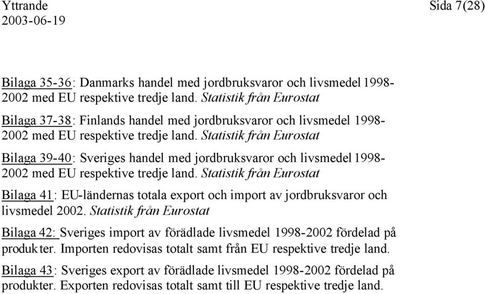 Statistik från Eurostat Bilaga 39-40: Sveriges handel med jordbruksvaror och livsmedel 1998-2002 med EU respektive tredje land.