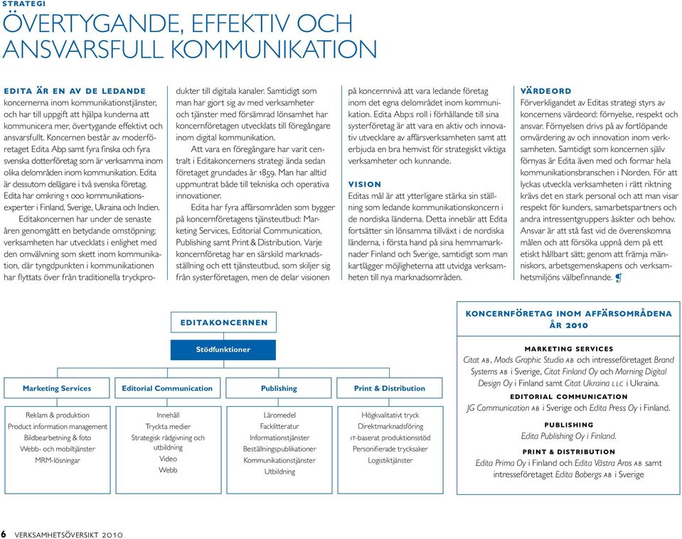 Edita är dessutom delägare i två svenska företag. Edita har omkring 1 000 kommunikationsexperter i Finland, Sverige, Ukraina och Indien.