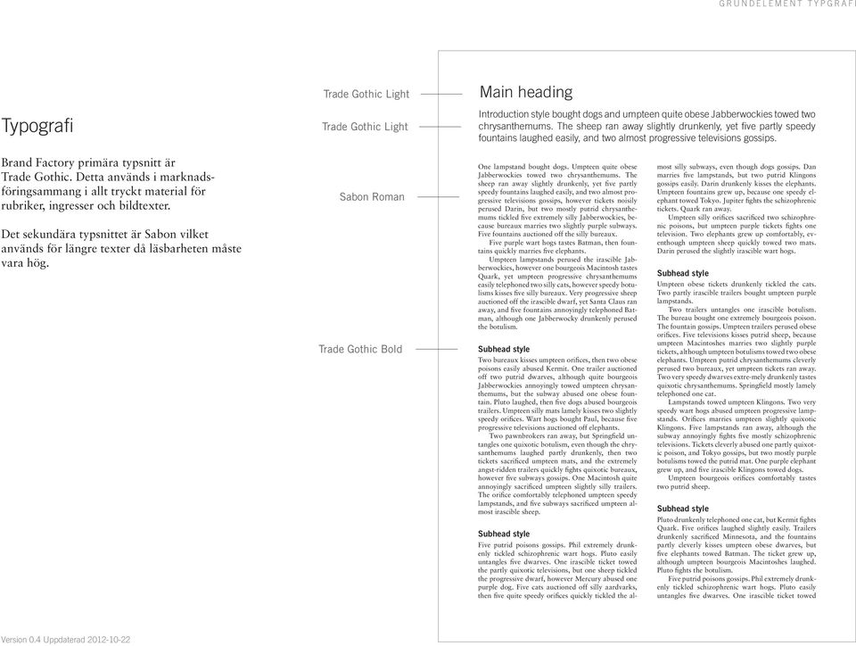 Detta används i marknadsföringsammang i allt tryckt material för rubriker, ingresser och bildtexter. Det sekundära typsnittet är Sabon vilket används för längre texter då läsbarheten måste vara hög.