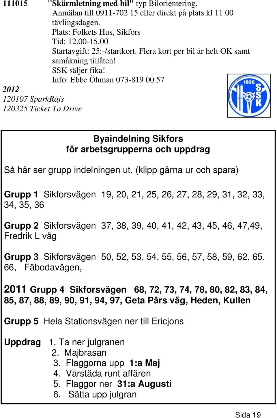 Info: Ebbe Öhman 073-819 00 57 2012 120107 SparkRäjs 120325 Ticket To Drive Byaindelning Sikfors för arbetsgrupperna och uppdrag Så här ser grupp indelningen ut.