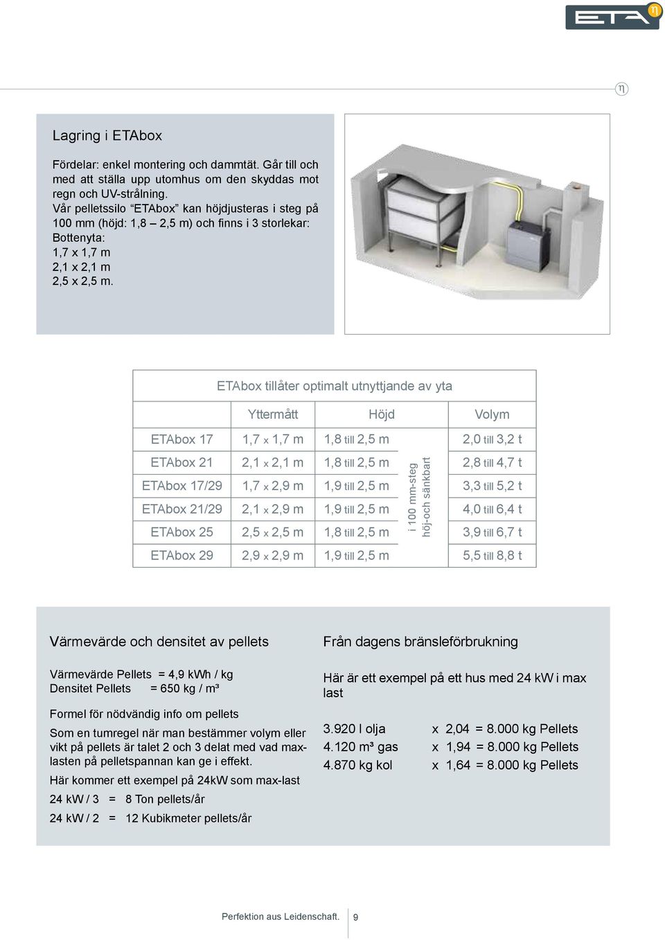 ETAbox tillåter optimalt utnyttjande av yta Yttermått Höjd Volym ETAbox 17 1,7 x 1,7 m 1,8 till 2,5 m 2,0 till 3,2 t ETAbox 21 2,1 x 2,1 m 1,8 till 2,5 m 2,8 till 4,7 t i 100 mm-steg höj-och sänkbart